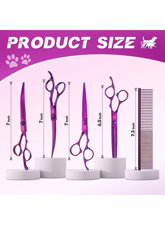 جيسون مجموعة مقصات جيسون للعناية بالكلاب - طقم مقصات احترافية 6 في 1 للكلاب - مقص رقيق 6.5 بوصة، ومقص مستقيم 7 بوصة، ومقص منحني لأعلى 7 بوصة، ومقص منحني لأسفل 7 بوصة، ومشط للكلاب والقطط والحيوانات الأليفة مع برغي قابل للتعديل (أرجواني) - Image 5