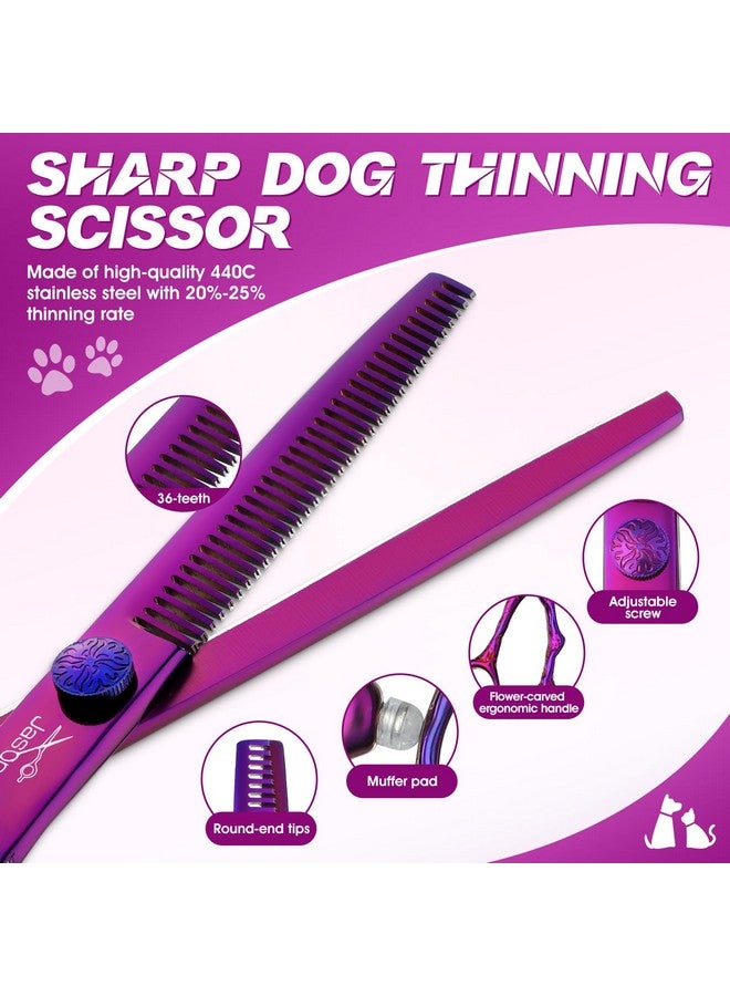 جيسون مجموعة مقصات جيسون للعناية بالكلاب - طقم مقصات احترافية 6 في 1 للكلاب - مقص رقيق 6.5 بوصة، ومقص مستقيم 7 بوصة، ومقص منحني لأعلى 7 بوصة، ومقص منحني لأسفل 7 بوصة، ومشط للكلاب والقطط والحيوانات الأليفة مع برغي قابل للتعديل (أرجواني) - Image 2