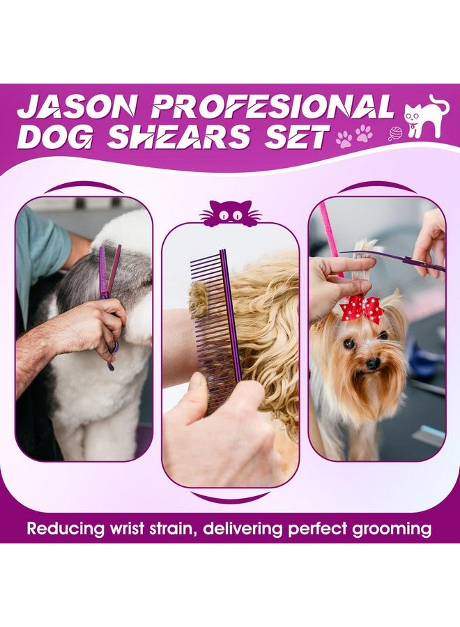 جيسون مجموعة مقصات جيسون للعناية بالكلاب - طقم مقصات احترافية 6 في 1 للكلاب - مقص رقيق 6.5 بوصة، ومقص مستقيم 7 بوصة، ومقص منحني لأعلى 7 بوصة، ومقص منحني لأسفل 7 بوصة، ومشط للكلاب والقطط والحيوانات الأليفة مع برغي قابل للتعديل (أرجواني) - Image 3