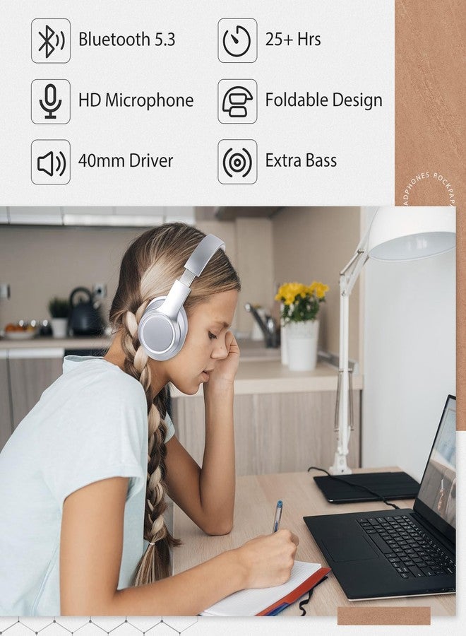 rockpapa E8 Over The Ear Bluetooth Headphones with Microphone for Kid Children Boy Girl Youth Teen Adult, Foldable Wired/Wireless Headphones with Mic, Include Travel Case, Silver - Image 5