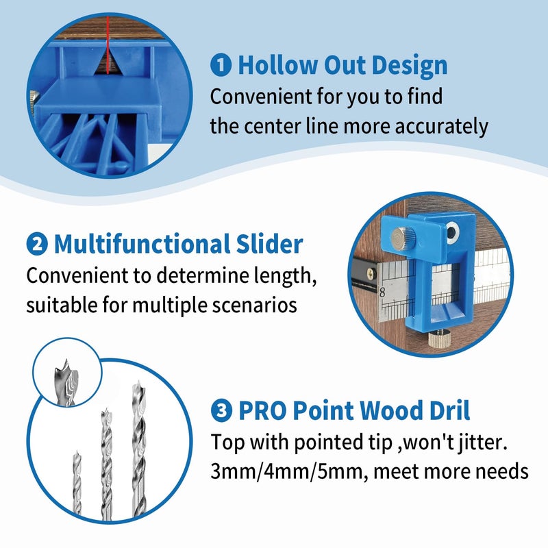 King&Charles Cabinet Hardware Jig, Cabinet Handle Jig with 3pcs Point Wood Drils Bits, Use for Handles Pulls Knobs on Drawers/Doors, Wood Drilling Dowelling Guide Set. - Image 3