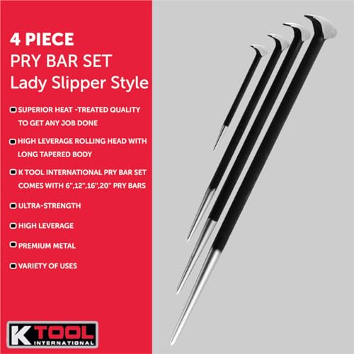 K-Tool International K Tool International 71600 4 Piece Pry Bar Set for Garages, Repair Shops, and DIY, Lady Slipper Style, Heavy Duty Heat Treated Steel, Rolling Head, Organizing Case, Includes Sizes 6", 12", 16", 20" - Image 4