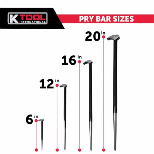 K-Tool International K Tool International 71600 4 Piece Pry Bar Set for Garages, Repair Shops, and DIY, Lady Slipper Style, Heavy Duty Heat Treated Steel, Rolling Head, Organizing Case, Includes Sizes 6", 12", 16", 20" - Image 5