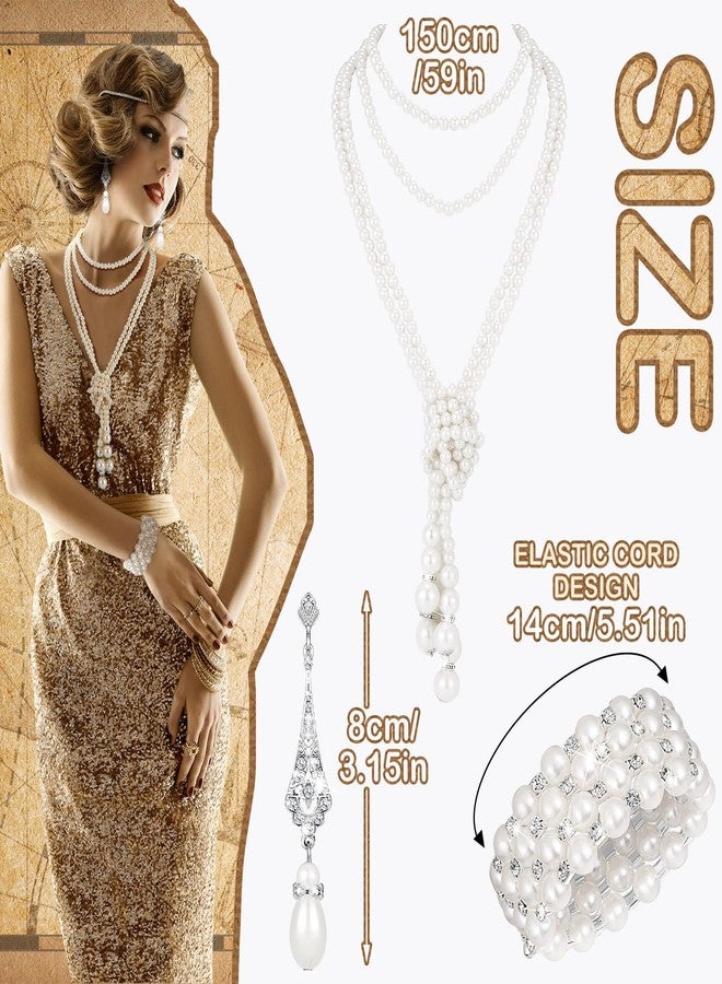 Maitys 3 Pcs 1920s Pearl Jewelry Set Including Vintage Flapper Earrings Multilayer Imitation Pearl Necklace Bracelet for Women Girls (Delicate) white - Image 3