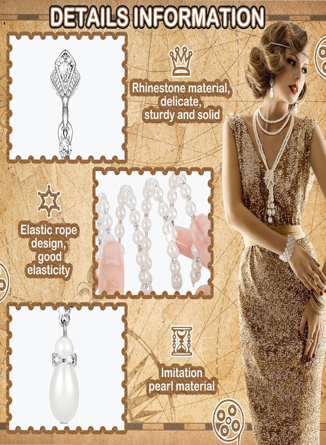 Maitys 3 Pcs 1920s Pearl Jewelry Set Including Vintage Flapper Earrings Multilayer Imitation Pearl Necklace Bracelet for Women Girls (Delicate) white - Image 4