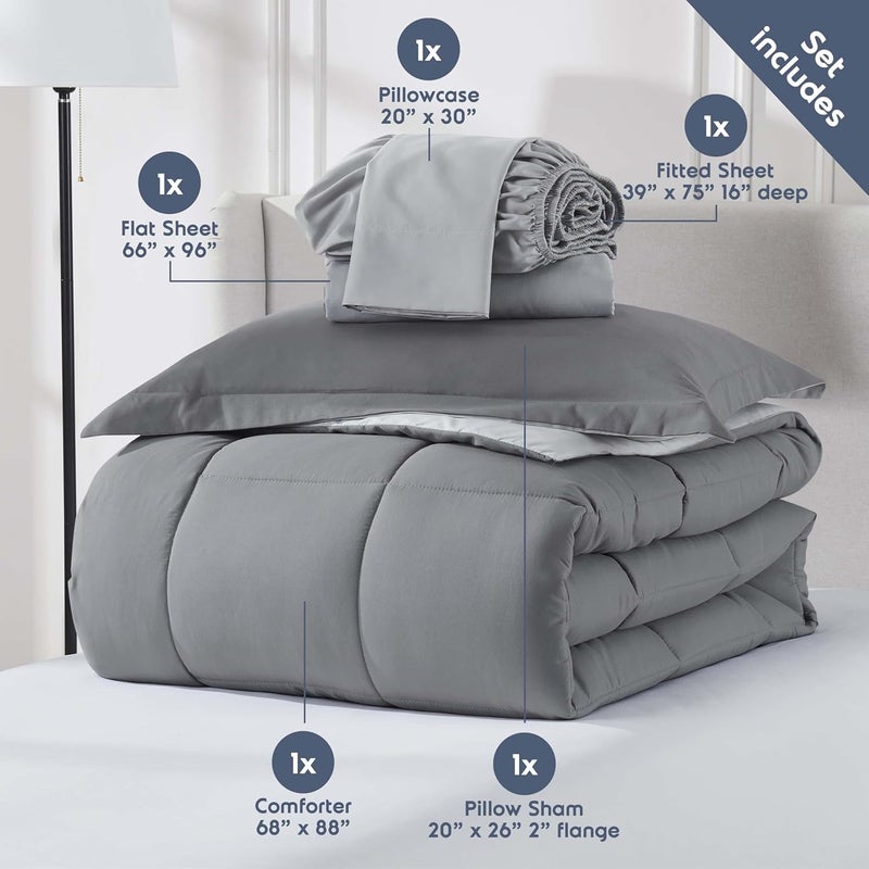 Nestl 7 Piece Twin Comforter Set – Grey Reversible Bed in a Bag – Complete Twin Size Bedding Set with Sheets, Cooling Pillows, Pillowcase and Sham - Image 4