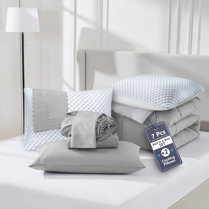 Nestl 7 Piece Twin Comforter Set – Grey Reversible Bed in a Bag – Complete Twin Size Bedding Set with Sheets, Cooling Pillows, Pillowcase and Sham - Image 1