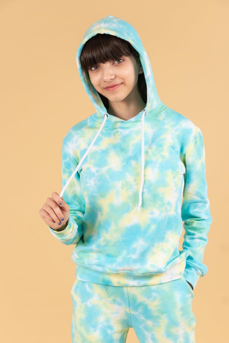Tweeny Mini Kids Girls Cotton Terry Tie Dye Hoodie Sweatshirts | Joggers Set | Co-ord Set | Tracksuit Combo Set Full Sleeves for Winter Wear (7-8 Years, Lemon Green) - Image 3