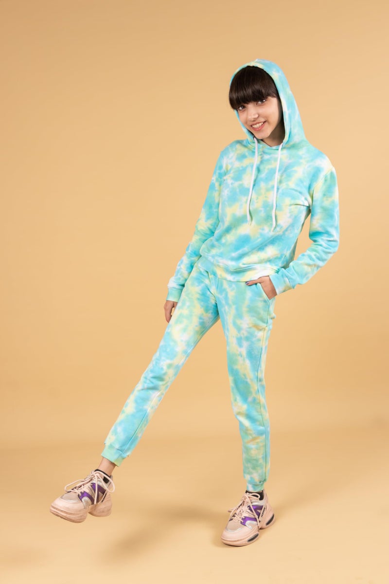 Tweeny Mini Kids Girls Cotton Terry Tie Dye Hoodie Sweatshirts | Joggers Set | Co-ord Set | Tracksuit Combo Set Full Sleeves for Winter Wear (7-8 Years, Lemon Green) - Image 2