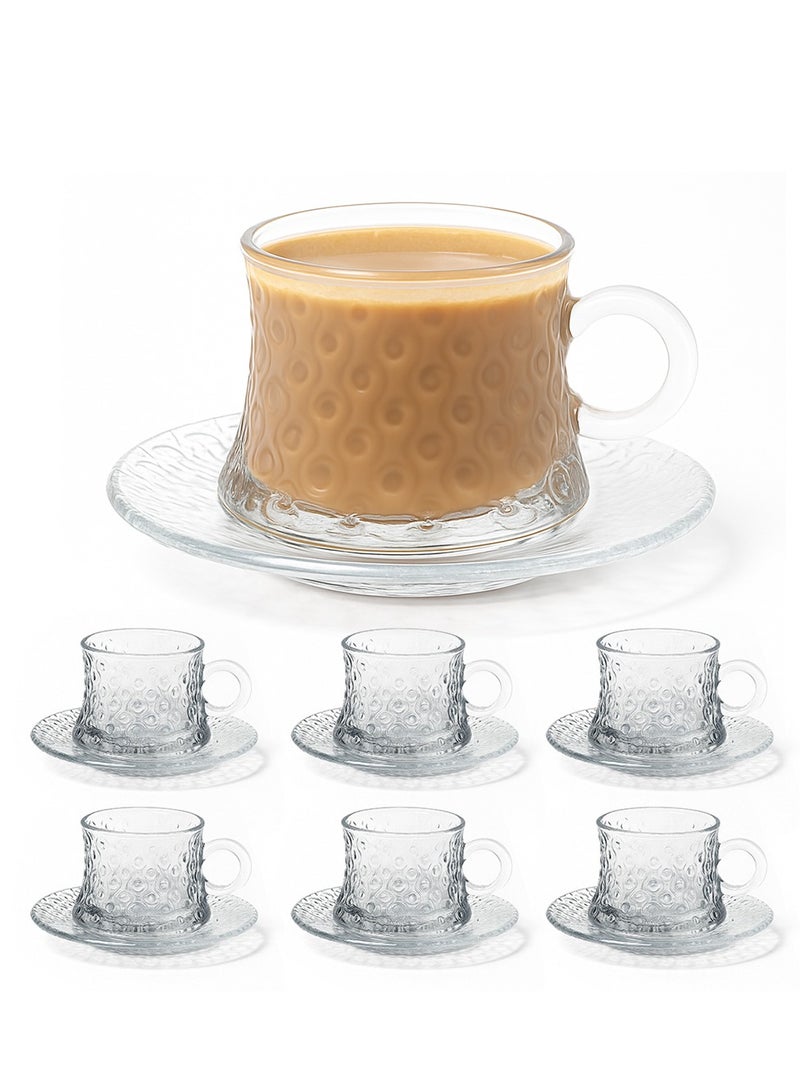 طقم أكواب قهوة مع صحون، 6 قطع، سعة 160 مل - طقم أكواب قهوة وكابتشينو زجاجية، أكواب شاي مع صحن - Image 1