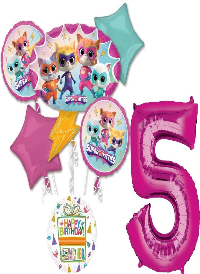 Anagram SuperKitties 5th Birthday Party Supplies 7pc Balloon Bouquet Decorations - Image 1