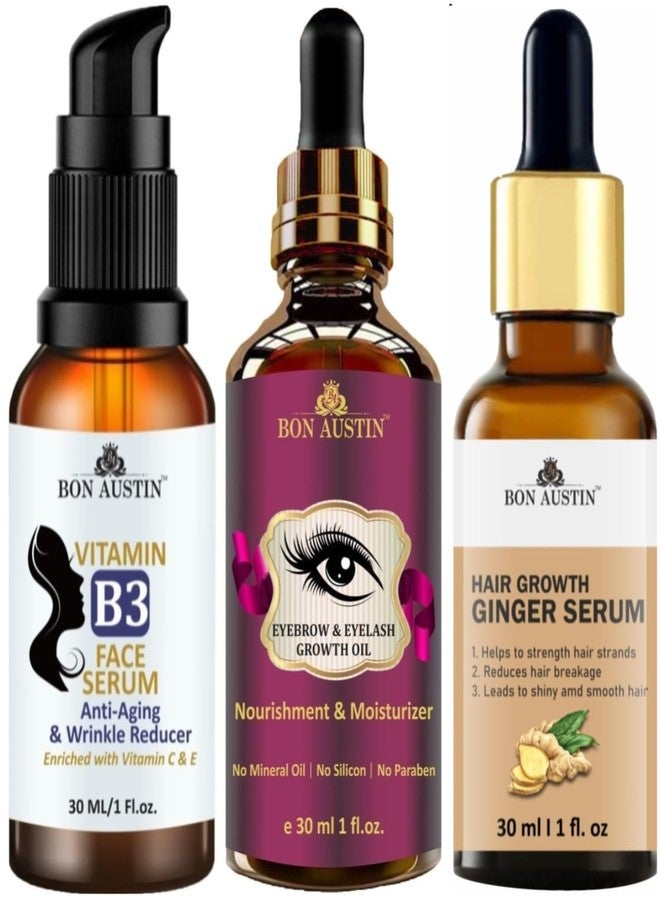 Bon Austin Vitamin B3 Facial Serum, Eyebrow and Eyelash Growth Oil (Helps to Growth Eyebrows & Eyelash) & Hair Growth Ginger Serum (Reduce Hair Fall) Each, 30ml - Combo of 3 Items - Image 1