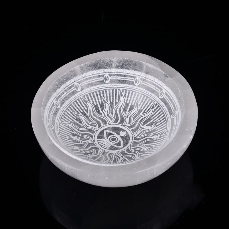 AMOYSTONE Selenite Crystal Bowl 4 Round Jewelry Crystal Charging Station Dish Etched Pattern Demon Eye 2