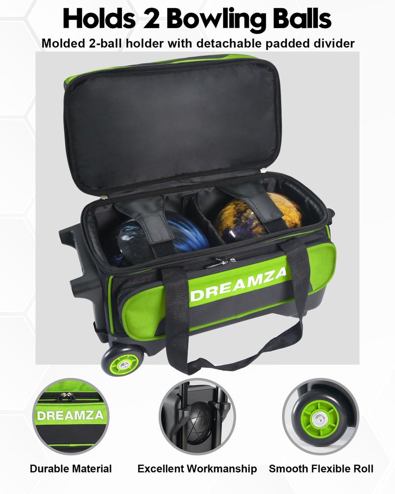 DREAMZA 2 Ball Bowling Bag with Wheels, Double Bowling Ball Bag 2 Ball Roller w/Separate Compartment for Shoes Up to US Mens Size 16, w/Retractable Handle Extends to 40" & Accessories Pocket - Image 2
