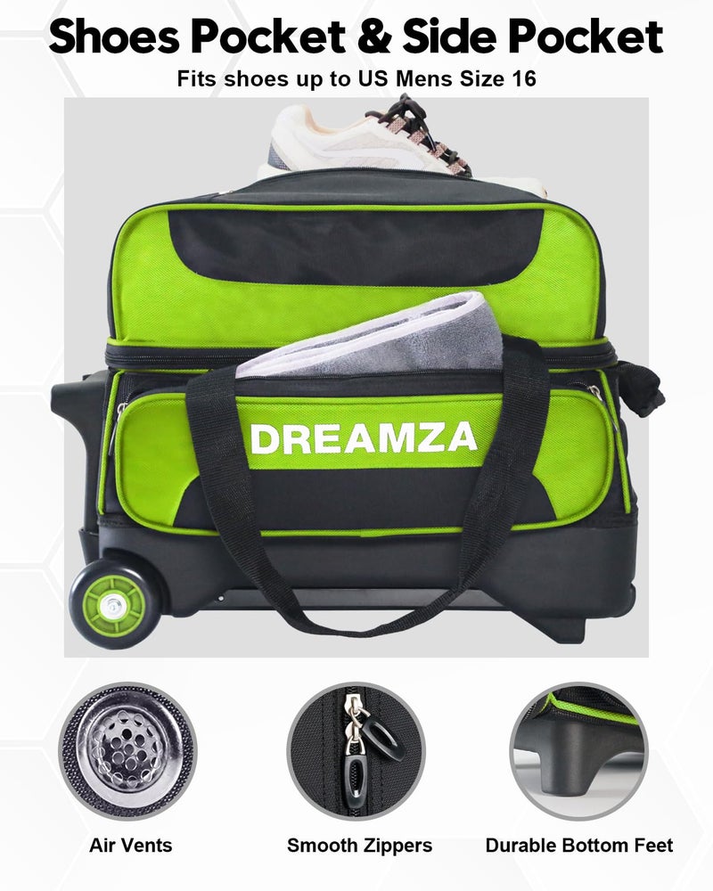 DREAMZA 2 Ball Bowling Bag with Wheels, Double Bowling Ball Bag 2 Ball Roller w/Separate Compartment for Shoes Up to US Mens Size 16, w/Retractable Handle Extends to 40" & Accessories Pocket - Image 3