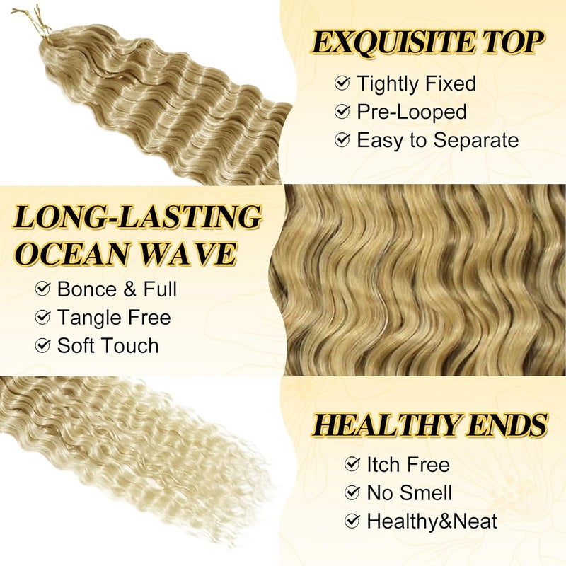 BARSDAR Deep Wave Crochet Braiding Hair, 55 cm 6 Packs Ocean Wave GoGo Curl Crochet Hair for Women Synthetic Boho Braids Long Wavy Curly Braids Hair Extension – Ombre Blonde - Image 3