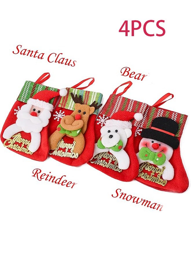 Christmas Tree Hanging Mini Stockings Decoration Small Candy Gift Bag Santa Claus Snowman Reindeer Bear Decoration Small Socks Christmas New Year Decorations Party Decorations (4 Pieces Set)  - Image 1