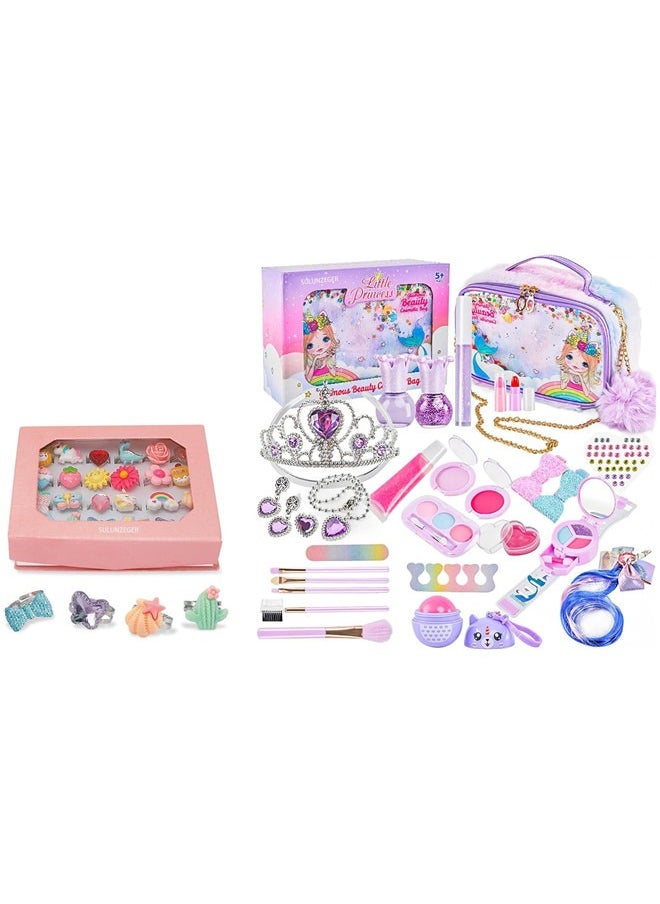 Beauenty Girls Makeup Set With Jewel Rings Box, Kids Real Washable Make Up Kit Toys With Mermaid Cosmetic Bag.  - Image 1
