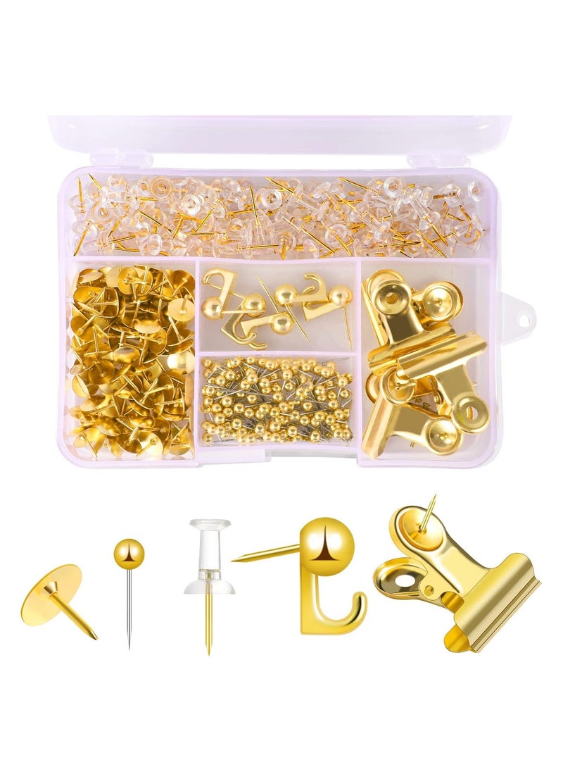 SYOSI - 310 Pcs Push Pins Set Gold Thumb Tacks Decorative Push Pins Map Head Pin for Cork Board with Push Pin Hook Pushpin Clip 5 Style Gold Office Accessories for Cork Board Map Office - Image 1