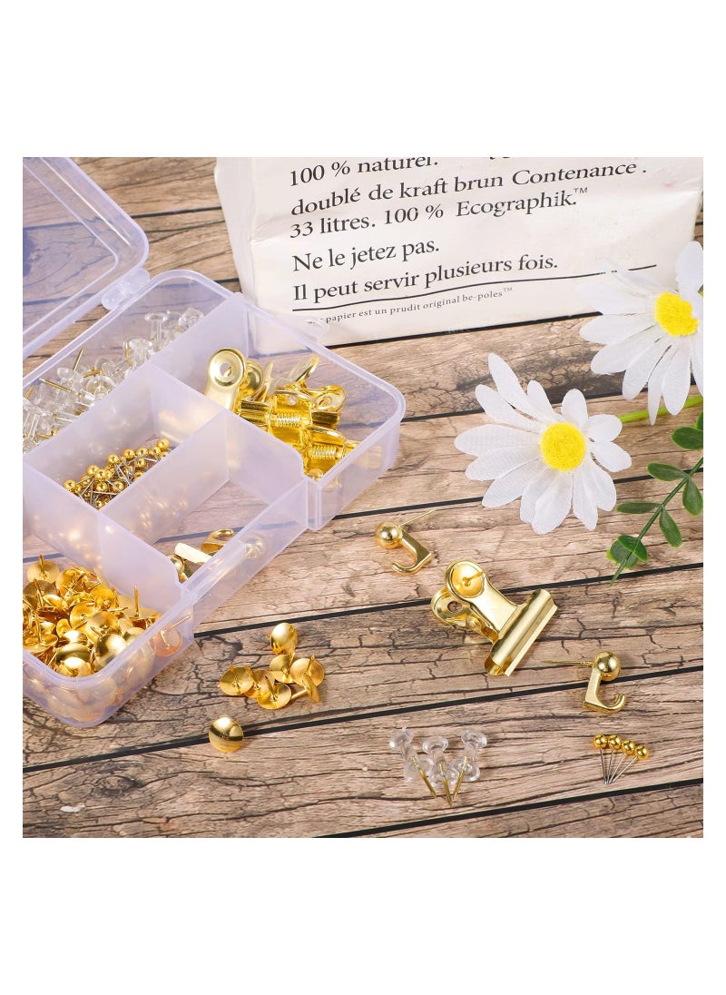SYOSI - 310 Pcs Push Pins Set Gold Thumb Tacks Decorative Push Pins Map Head Pin for Cork Board with Push Pin Hook Pushpin Clip 5 Style Gold Office Accessories for Cork Board Map Office - Image 1