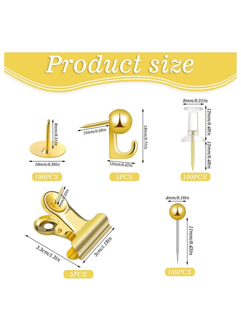 SYOSI - 310 Pcs Push Pins Set Gold Thumb Tacks Decorative Push Pins Map Head Pin for Cork Board with Push Pin Hook Pushpin Clip 5 Style Gold Office Accessories for Cork Board Map Office - Image 1