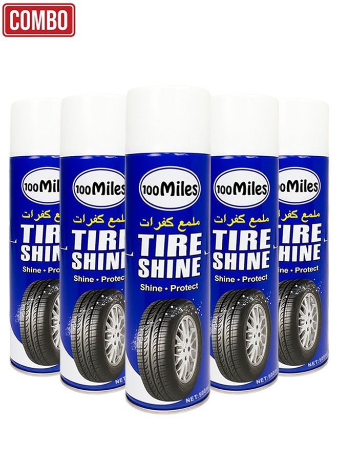 100Miles Tire Shine Spray 500ml Pack of 5 – High Gloss Tire Polish & Protector for Car & Bike Tires, Restores Black Wet Look, UV & Water Resistant, Long Lasting Shine, Dust Dirt Repellent, Easy Spray Application, Acid Free Formula - Image 1