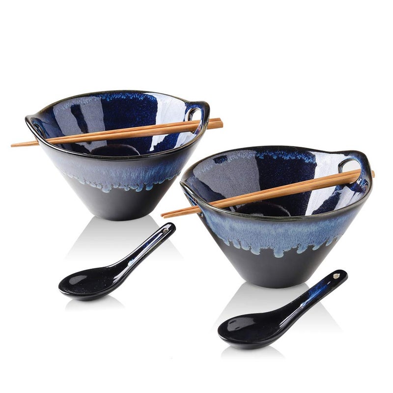KOOV Porcelain Japanese Ramen Bowls with Chopsticks and Spoons 26 Ounce Deep Pho Bowl Reactive Glaze Blue Galaxy Set of 2