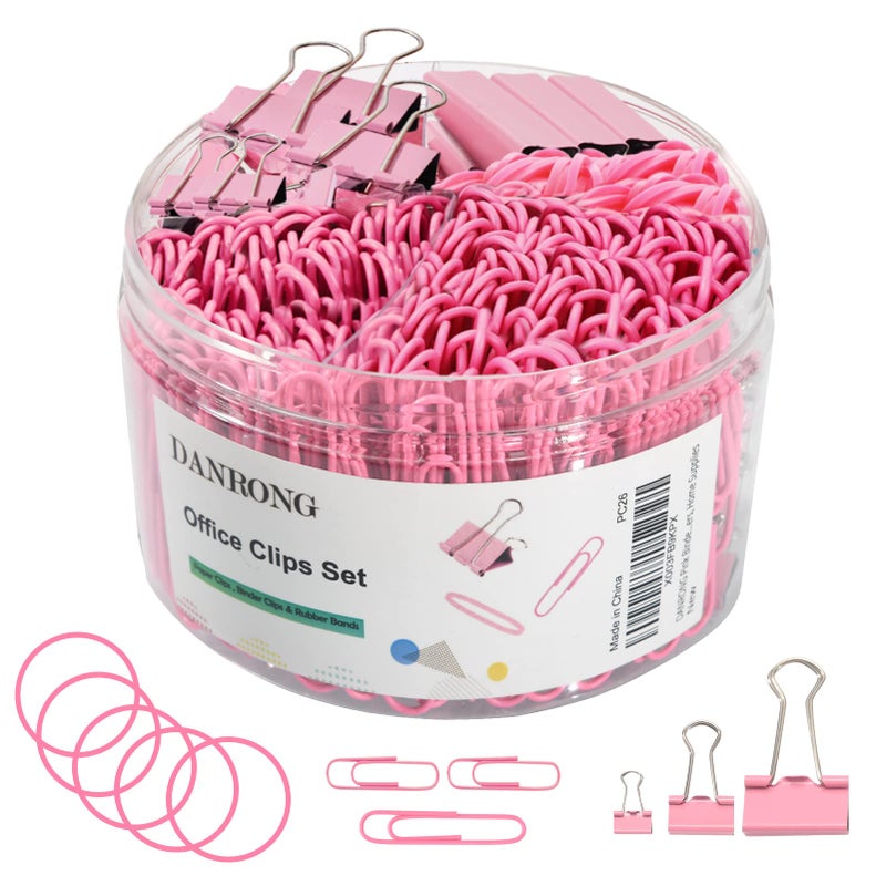 DANRONG Pink Binder Clips Paper Clips,380 PCS Assorted Sizes Paperclips Paper Clamps Rubber Bands for Files, Papers, Home Supplies (Pink) - Image 1