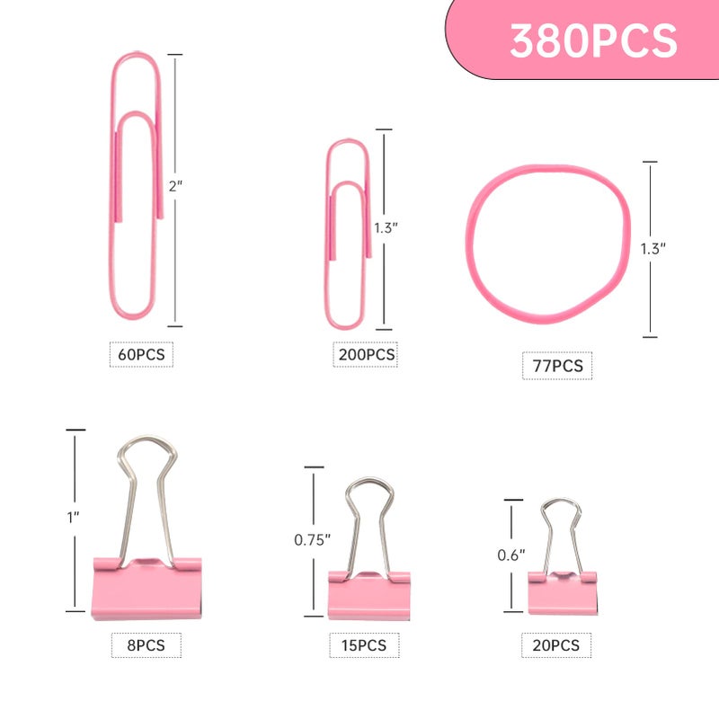 DANRONG Pink Binder Clips Paper Clips,380 PCS Assorted Sizes Paperclips Paper Clamps Rubber Bands for Files, Papers, Home Supplies (Pink) - Image 2