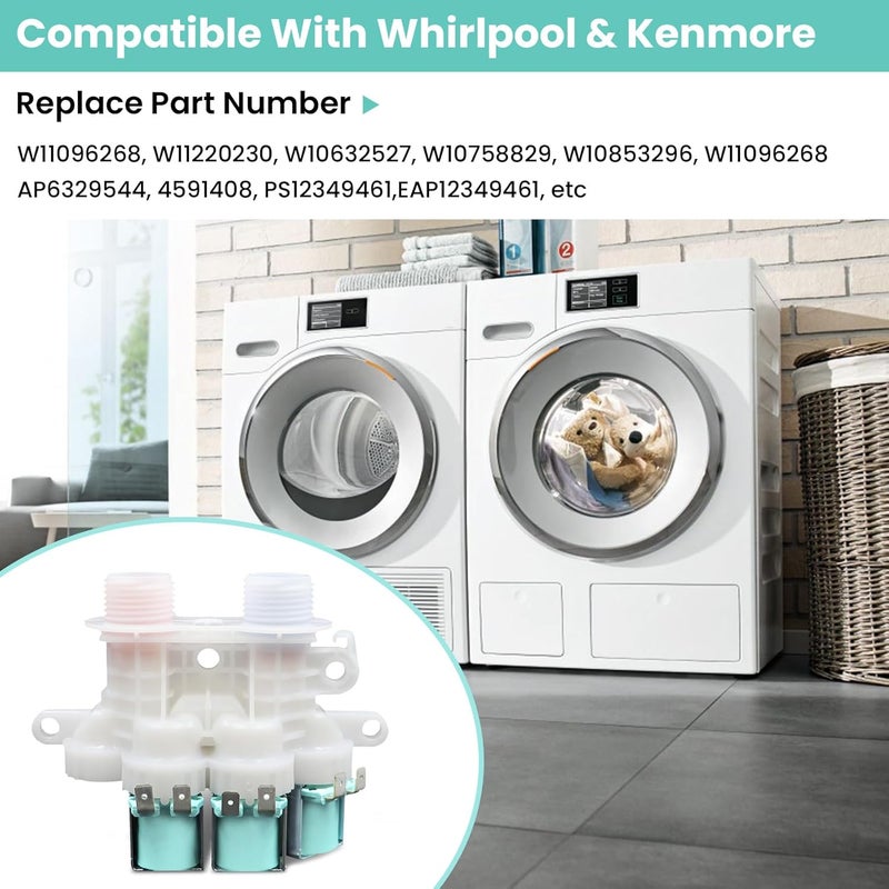 Azdele W11096268 W11220230 Water Inlet Valve OME Compatible with whirlpool & kenmore Washing Machine Replaces W10632527 W10758829 W10853296 W11096268 etc (120V 60Hz) 1 Year Warranty - Image 3