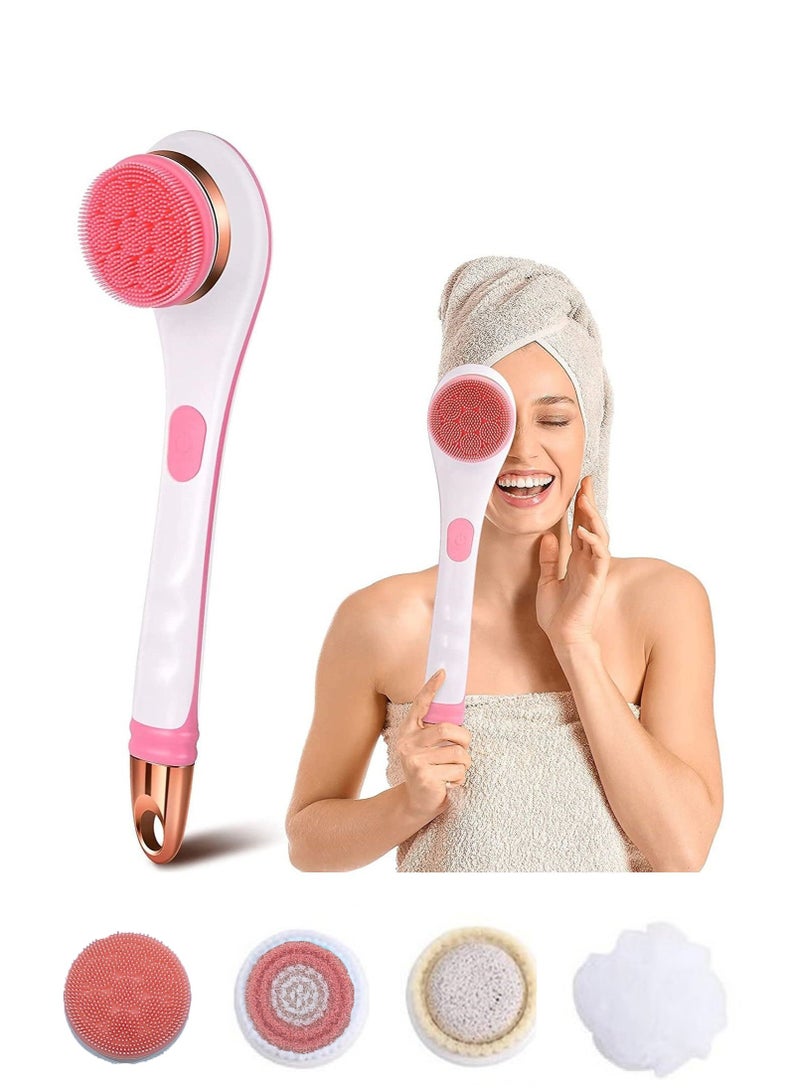 Bukela 4 in 1 Electric Back Scrubber for Shower with 4 Brush Heads 2 Speed Levels IPX6 Waterproof Electric Bath Body Brush-Pink - Image 1