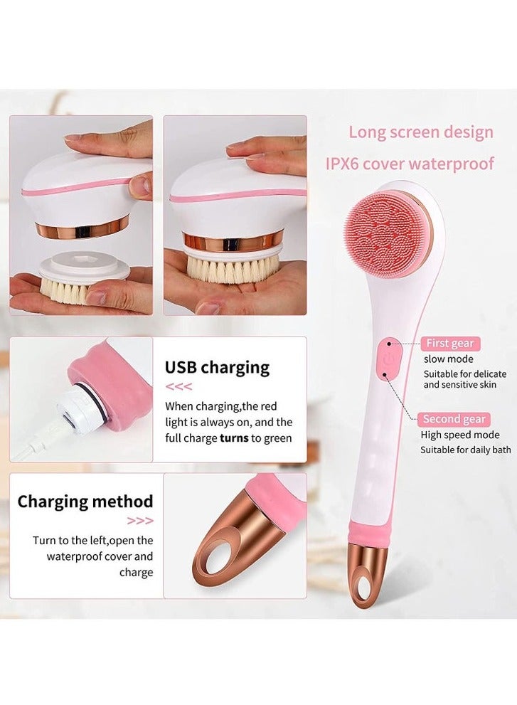 Bukela 4 in 1 Electric Back Scrubber for Shower with 4 Brush Heads 2 Speed Levels IPX6 Waterproof Electric Bath Body Brush-Pink - Image 3