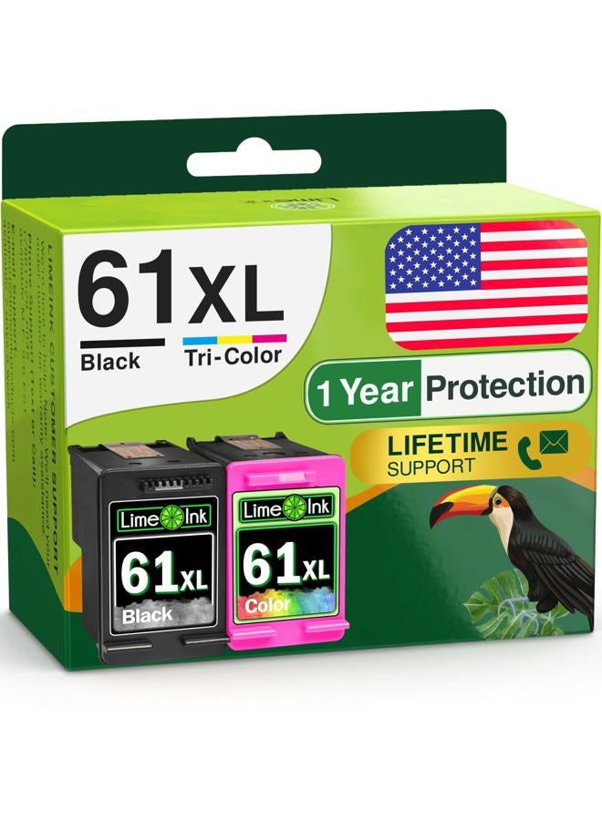 Limeink 2 Remanufactured Ink Cartridge Replacement 61XL High Yield for HP 1000 1010 1050 1055 1510 1512 2000 2050 2510 2512 2514 2540 2542 2543 2549 3050 3000 3050A 3054A 3051A Envy (1 Black, 1 Color) - Image 1