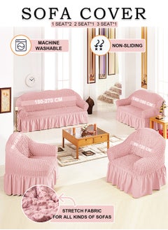 Arabest Sofa Cover Set, 4 piece Multifunctional Sofa Slipcover, Couch Cover Chair Furniture Protector Cover, Washable High Elastic Durable Seersucker Fabric with Skirt, for Living Room (Pink)  - Image 1