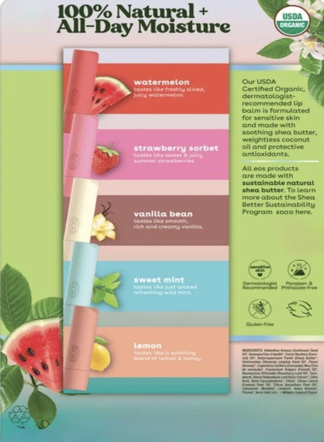 Organic Lip Balm, 9 Pack, Watermelon, Strawberry Sorbet, Vanilla Bean, Sweet Mint, Lemon, USDA Certified, 0.14 oz Each - Image 2
