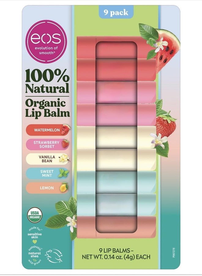Organic Lip Balm, 9 Pack, Watermelon, Strawberry Sorbet, Vanilla Bean, Sweet Mint, Lemon, USDA Certified, 0.14 oz Each - Image 1
