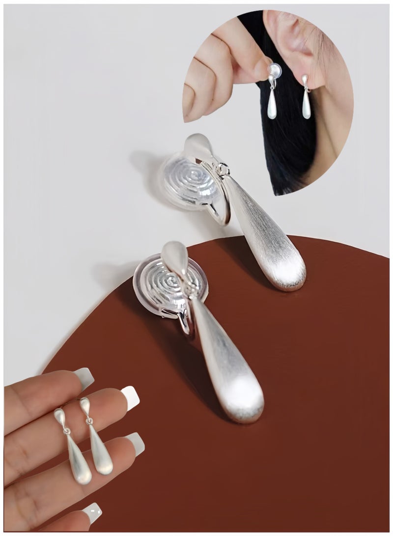 Eilimi 2 matte ear clips, silver-plated brushed earrings, simple teardrop-style piercing-free earrings - Image 1