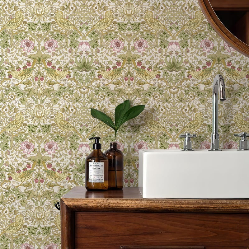 Simon&Siff William Morris Peel and Stick Wallpaper 17.3 x 80in Vintage Floral Birds Strawberry Wall Paper Self Adhesive Removable Botanical Waterproof Contact Paper for Bedroom Kitchen Cabinets - Image 2