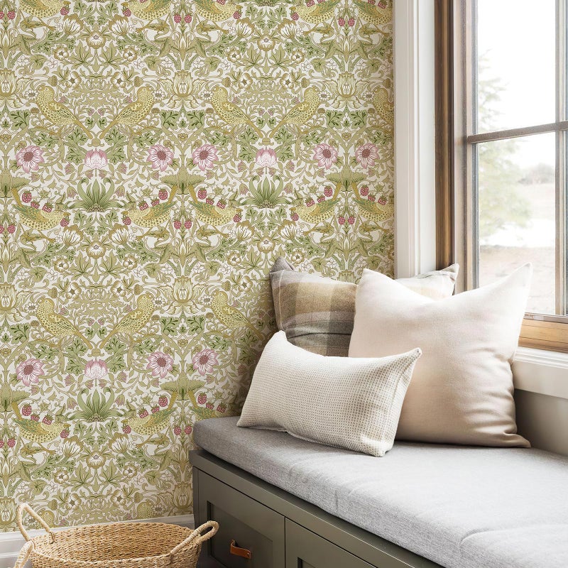 Simon&Siff William Morris Peel and Stick Wallpaper 17.3 x 80in Vintage Floral Birds Strawberry Wall Paper Self Adhesive Removable Botanical Waterproof Contact Paper for Bedroom Kitchen Cabinets - Image 3