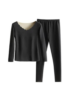 GGEROU Women Thermal Underwear Set,Women Thermal Base Layer Long Sleeve,Seamless Elastic Thermal Underwear,Women Round Neck Long-Sleeved Set Black  - Image 1