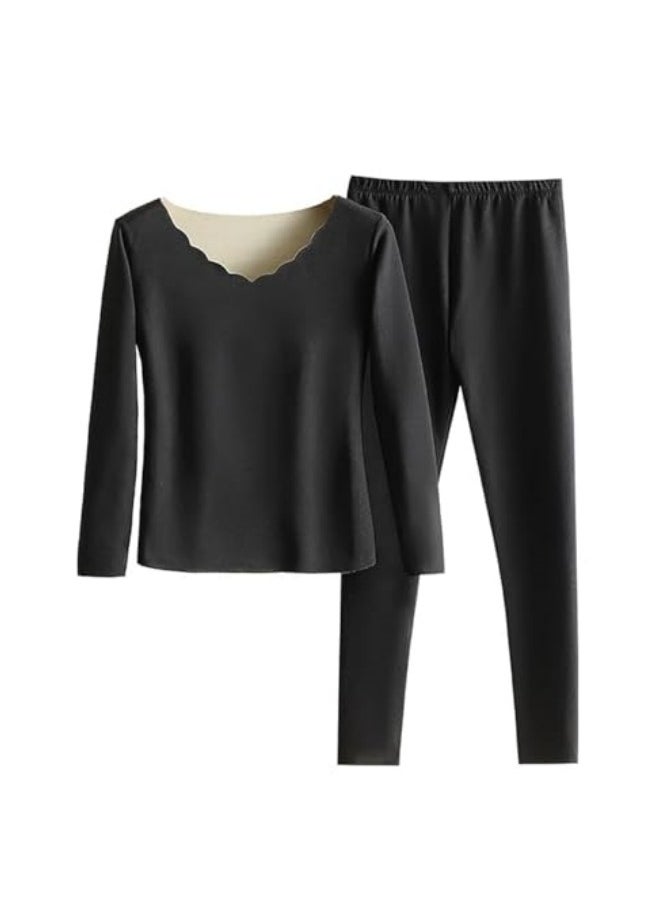GGEROU Women Thermal Underwear Set,Women Thermal Base Layer Long Sleeve,Seamless Elastic Thermal Underwear,Women Round Neck Long-Sleeved Set Black  - Image 1