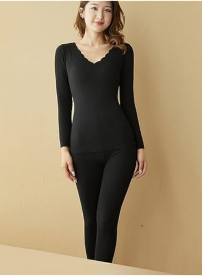GGEROU Women Thermal Underwear Set,Women Thermal Base Layer Long Sleeve,Seamless Elastic Thermal Underwear,Women Round Neck Long-Sleeved Set Black  - Image 5