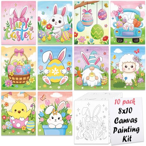 Nuberlic 10Pcs Easter Pre Drawn Canvas to Paint for Kids Girls Boys Painter Teen Adults Happy Easter Bunny Chick Egg Hunt Spring Holiday Painting Kits Pre Stretched Canvas Outline Boards 8x10 inch - Image 1