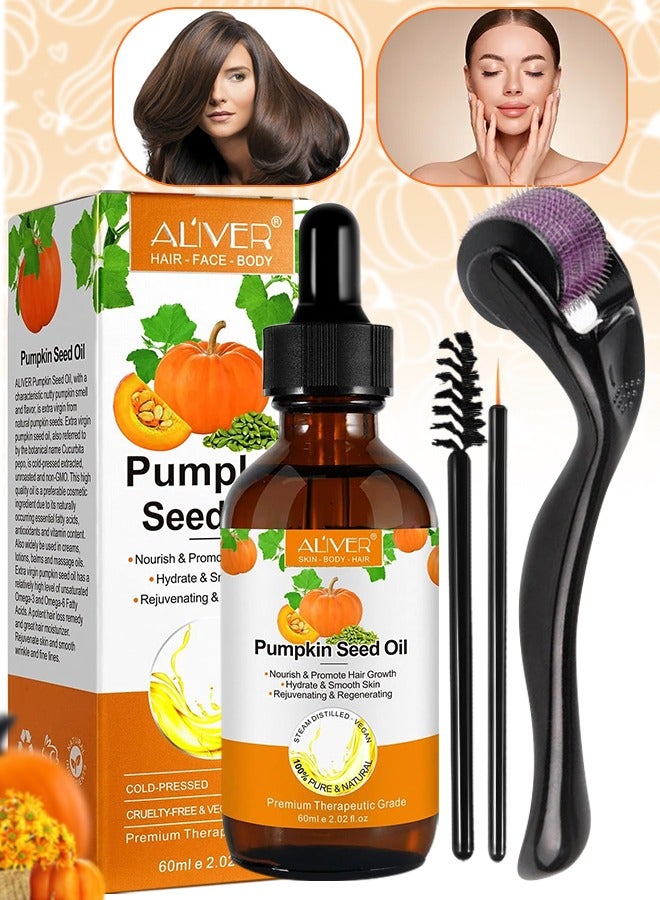 ALIVER زيت اليقطين 60 مل مع ديرما رولر لنمو الشعر زيت بذور اليقطين الخام النقي بنسبة 100% والمعصور على البارد لمقاومة الشيخوخة والتجاعيد وزيت التدليك للعناية بالشعر وفروة الرأس وزيت فيتامين إي للبشرة والشعر - Image 1