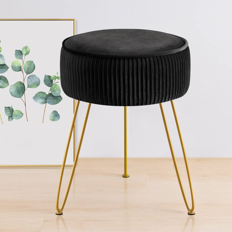 GERANT Multifunctional Vanity StoolModern Vanity Stools for Makeup RoomVelvet Round Ottoman Footrest Stool with Metal Legs Upholstered Pleated Vanity Chair Stool for Living RoomOfficesBlack