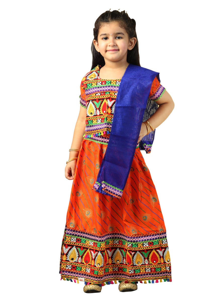 AHHAAAA Kids Embroidered Traditional Ghoomar Lehenga Choli |Chania Choli|Radha Dress|Navratri/Dandiya/Garba Dress with Dupatta for Girls (4-5 Years, Orange) - Image 1