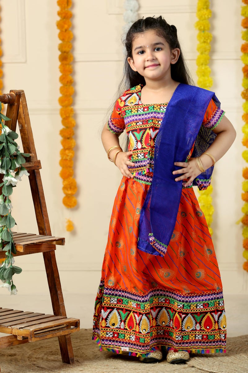 AHHAAAA Kids Embroidered Traditional Ghoomar Lehenga Choli |Chania Choli|Radha Dress|Navratri/Dandiya/Garba Dress with Dupatta for Girls (4-5 Years, Orange) - Image 2