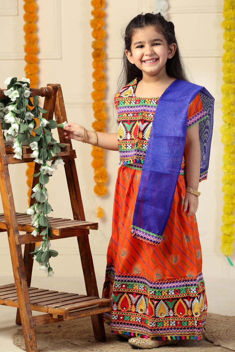 AHHAAAA Kids Embroidered Traditional Ghoomar Lehenga Choli |Chania Choli|Radha Dress|Navratri/Dandiya/Garba Dress with Dupatta for Girls (4-5 Years, Orange) - Image 4