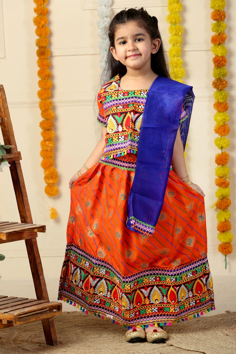 AHHAAAA Kids Embroidered Traditional Ghoomar Lehenga Choli |Chania Choli|Radha Dress|Navratri/Dandiya/Garba Dress with Dupatta for Girls (4-5 Years, Orange) - Image 5