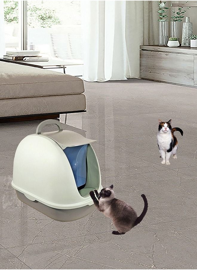 MAJIBAO - Cat Toilet, Large Cat Litter Box with Plastic Scoop, Lid on Entrance, Fully Enclosed, Easy Clean, No Smell, Jumbo Kitty Litter Box, For Indoor & Outdoor, Green & Grey Color, Large Size, 55 Cm Length - Image 1